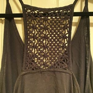 Black v neck racerback tank with crocheted back